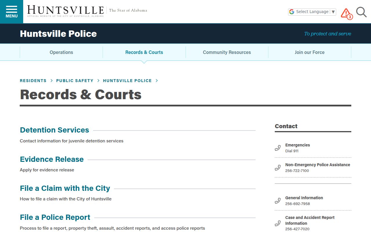 Huntsville Police Department records page