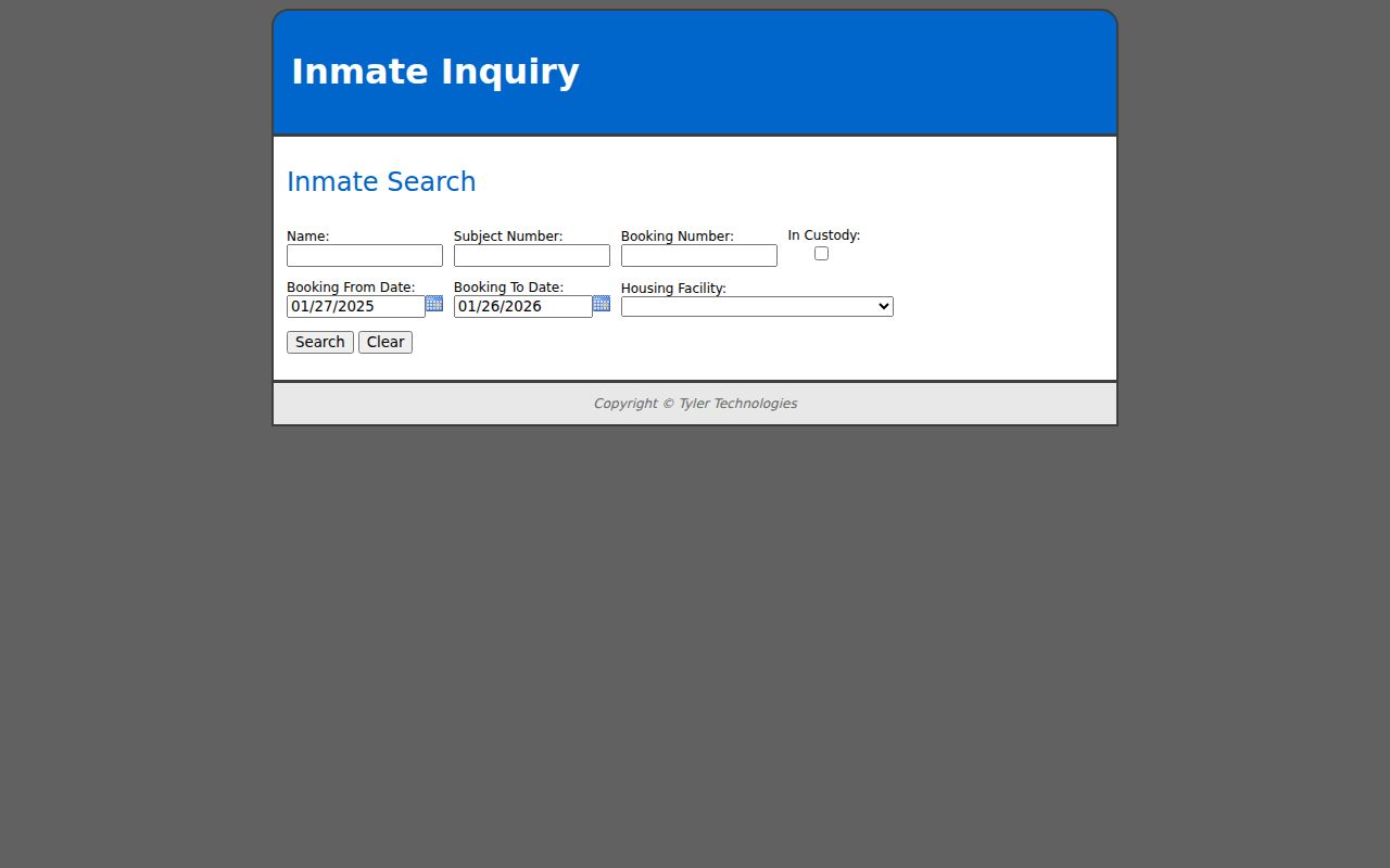 Jefferson County Sheriff inmate search portal showing search options