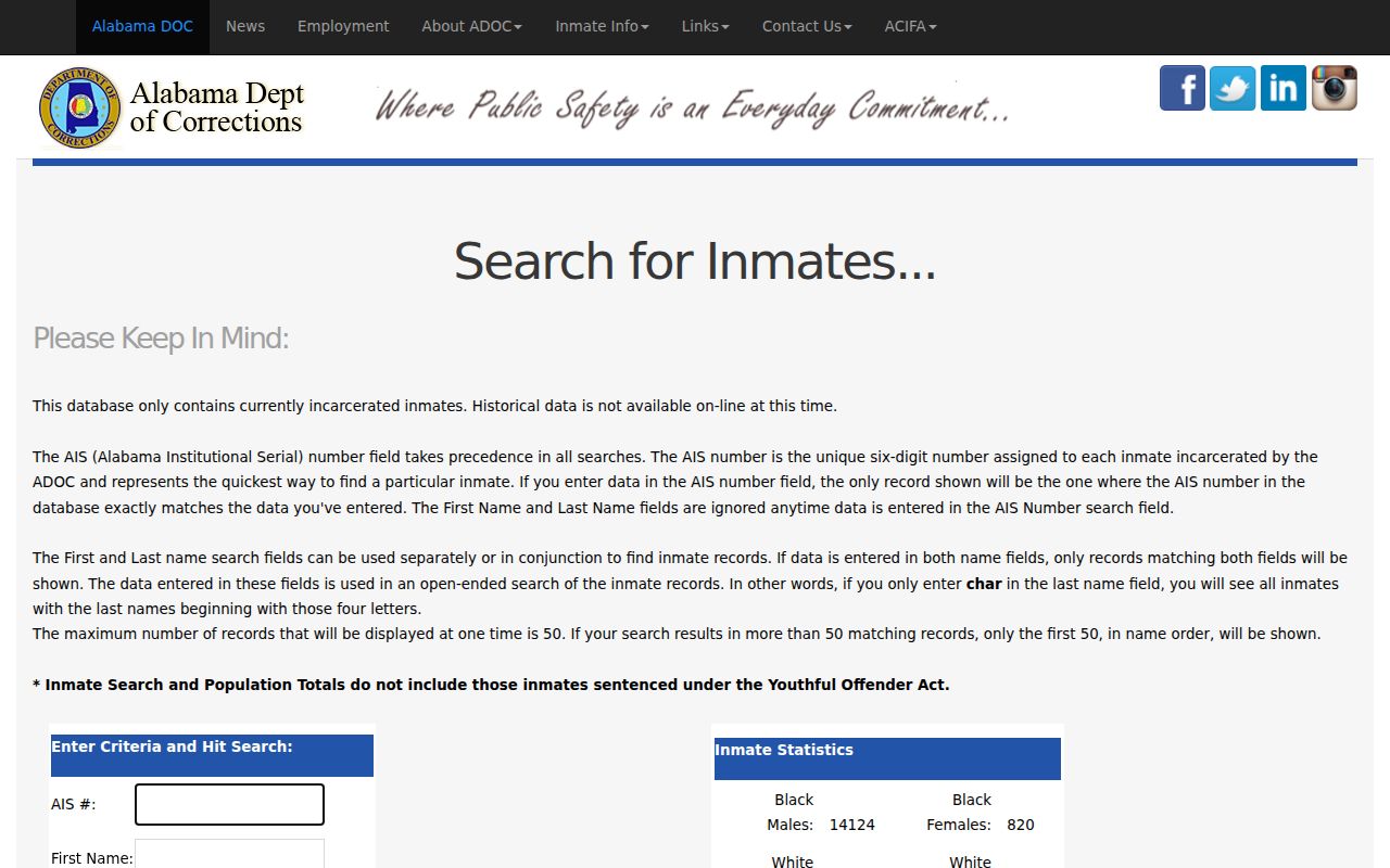 Alabama Department of Corrections inmate search portal showing search options